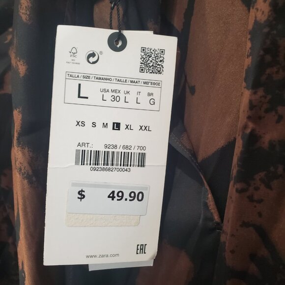 Zara New Brown & Black Abstract Tie Front Blouse with Full Cut Out Long Sleeve L - Picture 13 of 15